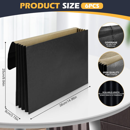 Expanding Accordion File Folder with Flap and Elastic Cord Closure Letter Size Accordion File Wallet Expanding Pocket Folders Document Organizer,4 inch Expansion,6 Pack,Black