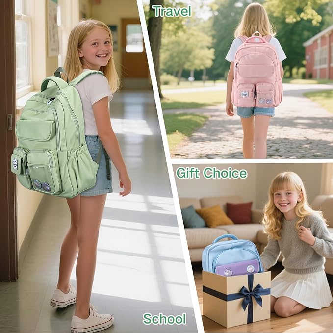 VASCHY Backpack for Girls, Cute School Bag Bookbag for Elementary Middle Schooler Teen Girls/Kids Travel with Clear Pin Pouch Green