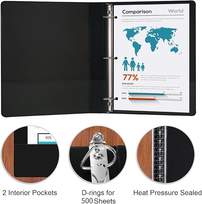 Comix Sturdy 2 Inch D-Ring Binders, 2'' 3 Ring Binder with Clear View Cover, Holds 500 Sheets of 8.5" x 11" Paper, 6 Pack (Black)