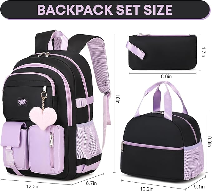3PCS Backpack For School Women College Middle High Teen Girls Student Bookbag Waterproof Laptop Bag Black Purple