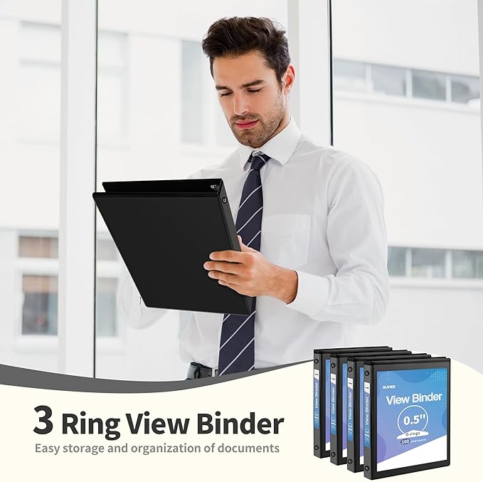 SUNEE 3 Ring Binder 1/2 Inch 12 Pack, Clear View Three Ring PVC-Free (Fit 8.5x11 Inches) for School or Office Supplies, Black