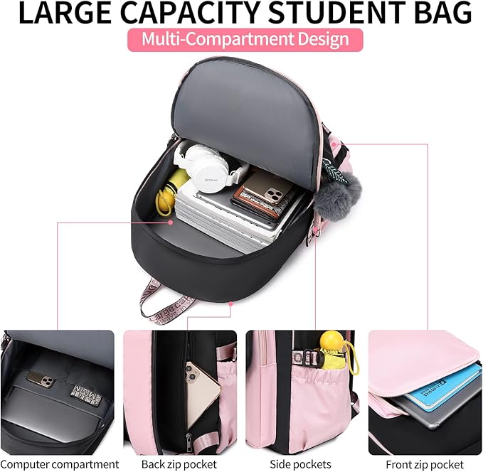 Teenage Girls Bookbag School Backpack Children Casual Daypack Schoolbag for Teens Black Pink