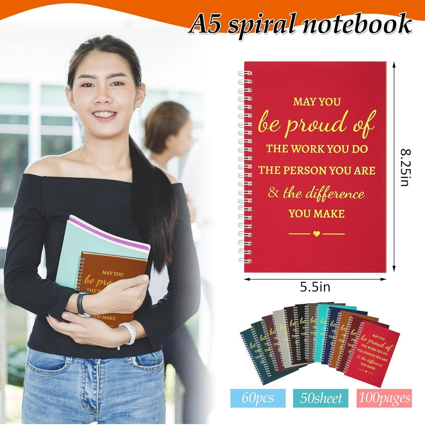 Colarr 60 Pcs A5 Inspirational Spiral Notebook Bulk Appreciation Gift 6x8 Inch Motivational Notepad 100 Page/50sheet Lined College Ruled Journal for Employee Coworker Teacher Nurse (Dark Colors)