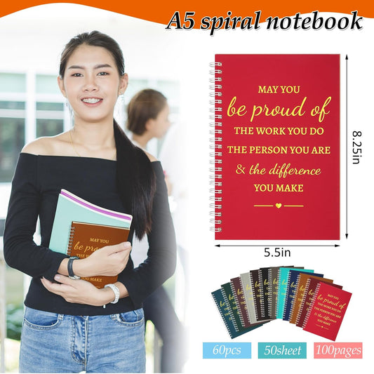 Colarr 60 Pcs A5 Inspirational Spiral Notebook Bulk Appreciation Gift 6x8 Inch Motivational Notepad 100 Page/50sheet Lined College Ruled Journal for Employee Coworker Teacher Nurse (Dark Colors)