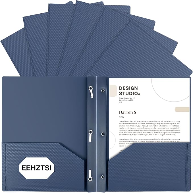 12-Pack Plastic Folders with Pockets and Prongs,2-Pocket Folders with 3 Fasteners, Poly Folders Holds 8-1/2" x 11" Paper for School/Office/Home, Blue