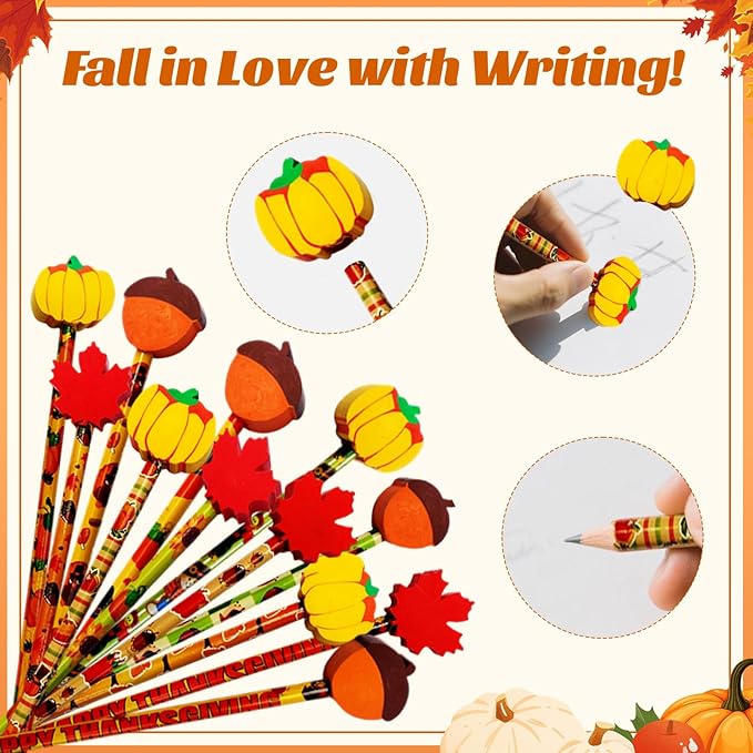 Fall Pencils Thanksgiving Pencil Halloween Pencils with Giant Maple Leaves Pumpkins Scarecrow Eraser Fall Stationery Pencil for Thanksgiving Party Favor(24)