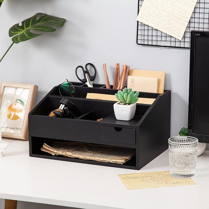 Wood Desk Drawer Organizers with File Organizer Pen holder Office Decor combo for Desk Organization Home can arrange office supplies such as calculators scissors pens note papers, etc. (black)