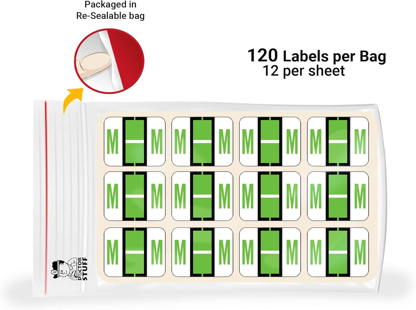 Doctor Stuff - File Folder Labels, Alphabet Letter M Stickers, Compatible with Smead BCCR/BCCS - TPAM Series Alpha Stickers Fluorescent Green, 1" x 1-1/4", 120 Labels per Package