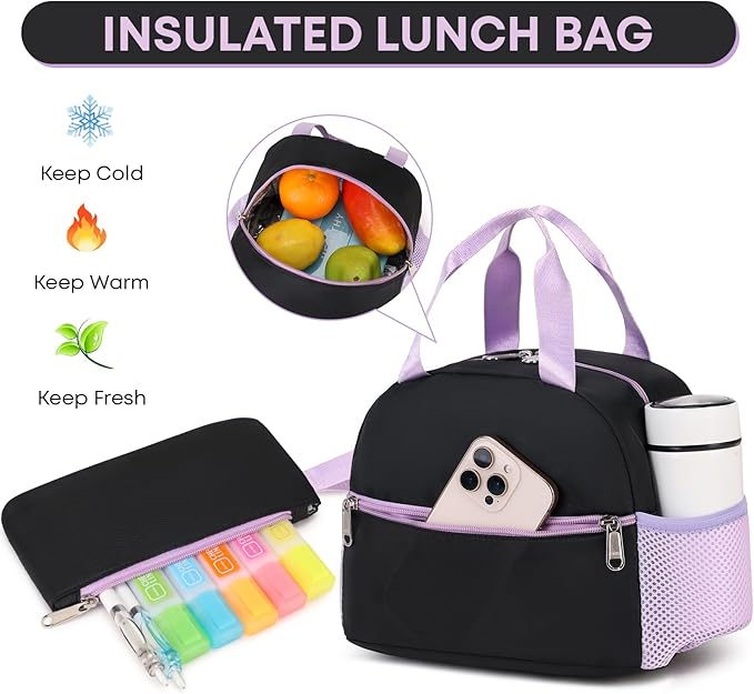 3PCS Backpack For School Women College Middle High Teen Girls Student Bookbag Waterproof Laptop Bag Black Purple