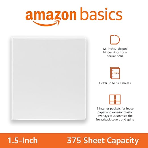 Amazon Basics 3 Ring Binders, 1.5 Inch, 4 Pack, D-Ring Organizer for School, Home Office, White