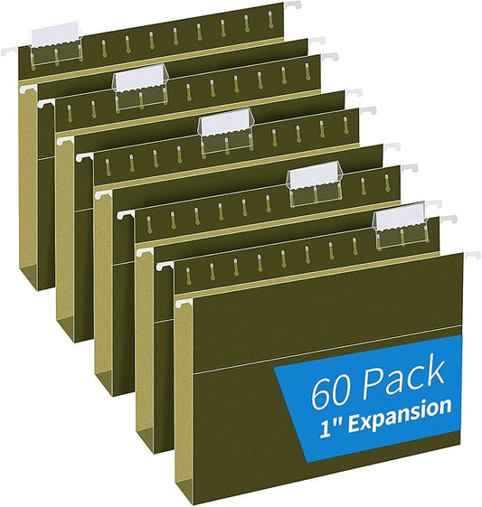 Extra Capacity Hanging File Folders, RAZCC 60 Pack Letter Size Reinforced Hanging Folders with Heavy Duty 1 Inch Expansion for Bulky Files, Filing Cabinet, Adjustable Tabs, Green