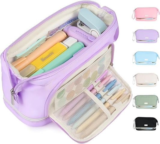 Sooez Big Pencil Case, Extra Large Pencils Pouch, Wide Opening Pen Bag Box with 6 Compartments, Store 200 Pens, Zipper Stationery Organizer, Cute Aesthetic School Supplies for Teen Girls Boys Women