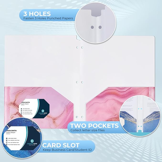 6 Pack Marble Design File Folders with Pockets - Plastic Folder with 2 Pockets & a Business Card Holder, Durable File Folders for Documents, School, Office & Home (Folder with Pockets)