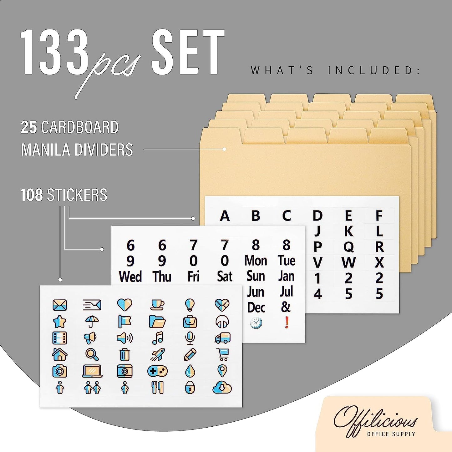 25 Manila Index Card Box Dividers - 3x5" with Tabs & 108 Stickers, Monthly & Recipe Guides, Greeting Card Dividers