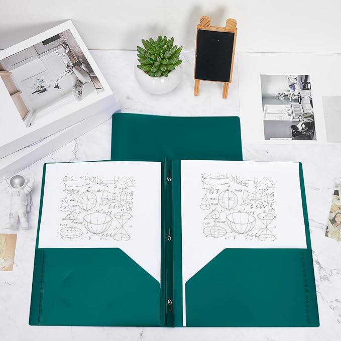 Lincia 100 Pcs Plastic Folders with Pockets and Prong Folders with Prongs 2 Pockets for Office, School for Students, Teachers, Office Workers(Dark Green)
