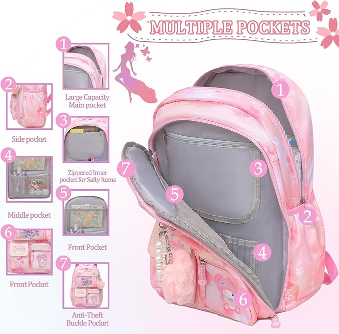 Lovely Girls Backpack School Bag for Students Kids Book Bag with Multiple Pockets Splash-proof Children's Backpack（17inch Set Pink）