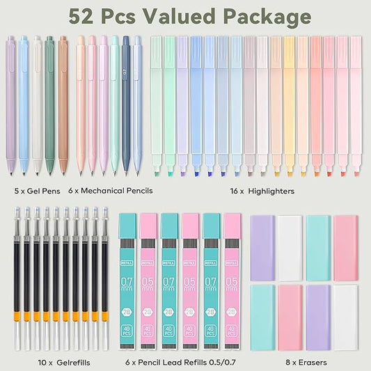 52 PCS Aesthetic School Supplies with Cute Pencil Case, Stationery Essentials with Pens Pencils and Pastel Highlighters Set, College Back to School Supplies for Teen Girls, Office Supplies - Green
