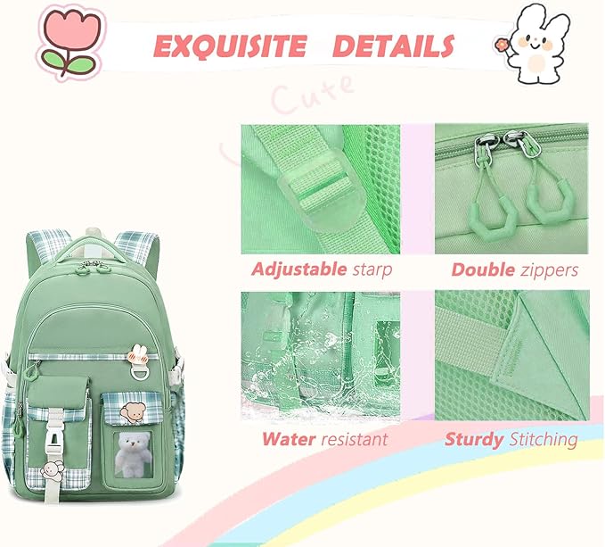 Girls Backpack，Cute School Backpack for Girls Kids Teens，Kawaii Bookbag for Primary Elementary，Green