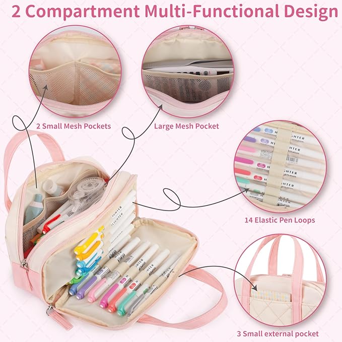 2 Compartment Pencil Case For Girls,Zipper Pencil Bag With Handle, Large Capacity quilting Pencil Pouch Organizer Aesthetic, Womens Soft Pencil Box Marker Pouch For Middle School Office College