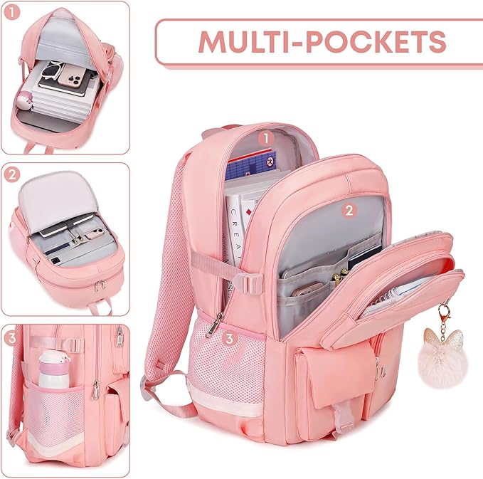 3PCS School Backpack For Student Women College Middle High Teen Girls Bookbag Waterproof Laptop Bag Pink