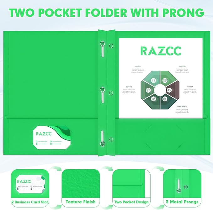 Two Pocket Folders, RAZCC 75 Pack Two Pocket Folders with Prongs, 3 Prong Folders Fit Letter Size Paper, Pocket File Folders for School Office Home Business, Green