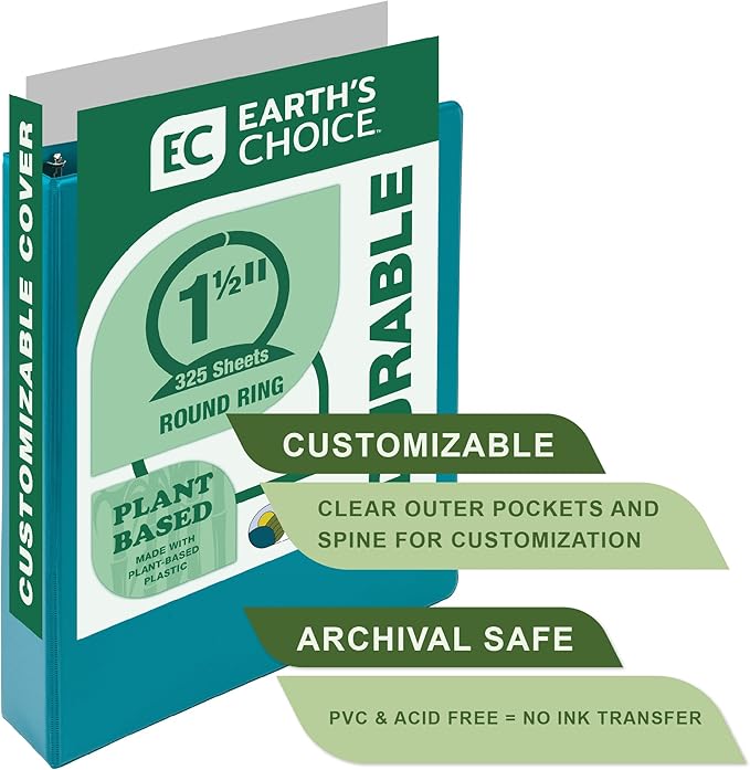 Samsill Plant-Based 1.5 Inch Durable Round Ring, Made in USA, View Binder, Eco-Friendly, USDA Certified Biobased, Single, Aqua Blue