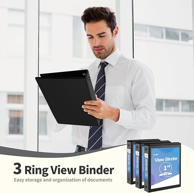 SUNEE 3 Ring Binder 1 Inch 12 Pack, Clear View Three Ring PVC-Free (Fit 8.5x11 Inches) for School or Office Supplies, Black