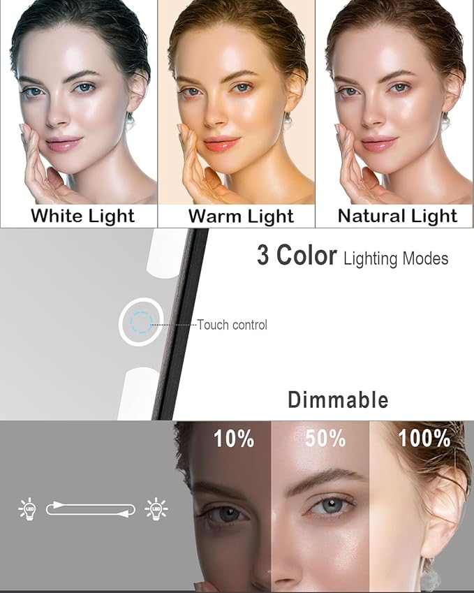 Rechargeable Travel Makeup Mirror with Lights, Portable Lighted Vanity 10X Magnification, 70 LEDs 3 Color Dimmable Touch Screen, Tabletop Folding Compact Cosmetic (Black)