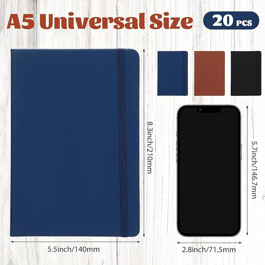 Honoson 20 Pack Lined Journal Notebooks A5 Hardcover Executive Notebook 5.5" x 8.3" PU Leather Wide Ruled Journals Bulk with Elastic Band for Home Business Office School Supplies(Black, Navy, Brown)