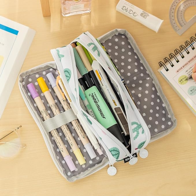 ANGOOBABY Large Pencil Case Big Capacity 3 Compartments Canvas Pencil Pouch for Teen Boys Girls School Students (Green Cactus)