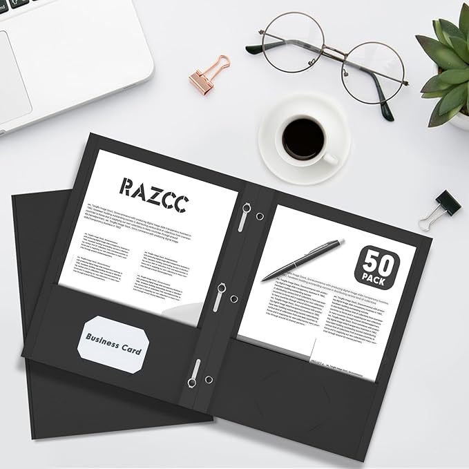 50 Pack Two Pocket Folders With Prongs, 3 Prong Folders Fit Letter Size Paper, File Folders for School Office Home Business, Black