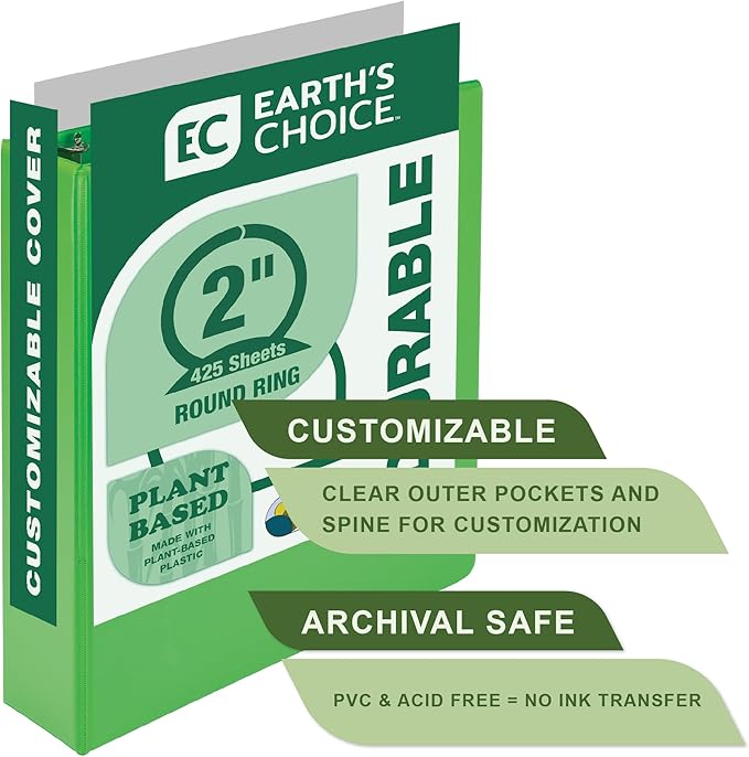 Samsill Plant-Based 2 Inch Durable Round Ring, Made in USA, View Binder, Eco-Friendly, USDA Certified Biobased, 2 Pack, Lime Green