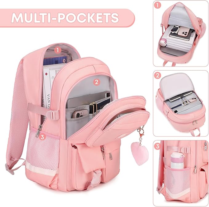 3PCS School Backpack For Student Women College Middle High Teen Girls Bookbag Waterproof Laptop Bag Pink