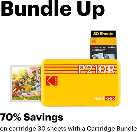 KODAK Mini 2 Retro 4PASS Portable Photo Printer (2.1x3.4 inches) Initial 8 Sheets + 30 Sheets Bundle, Black