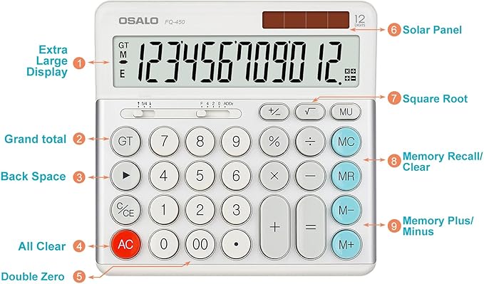 OSALO Desktop Calculator Extra Large Display 12-Digit Big Buttons Accounting Calculators Battery & Solar for Office Business (FQ-450 Extra Large)