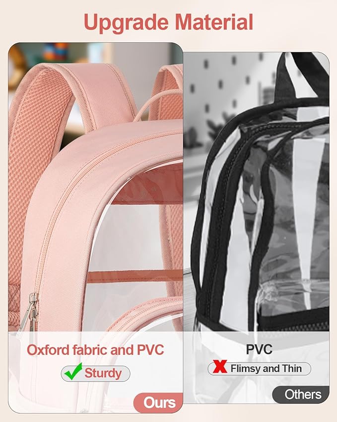Clear Backpack, Heavy Duty Transparent Bookbag for School, Fabric & PVC Transparent Backpack with Reinforced Strap for Women Men, Capacity Clear Bag for College, Travel, Security, Pink
