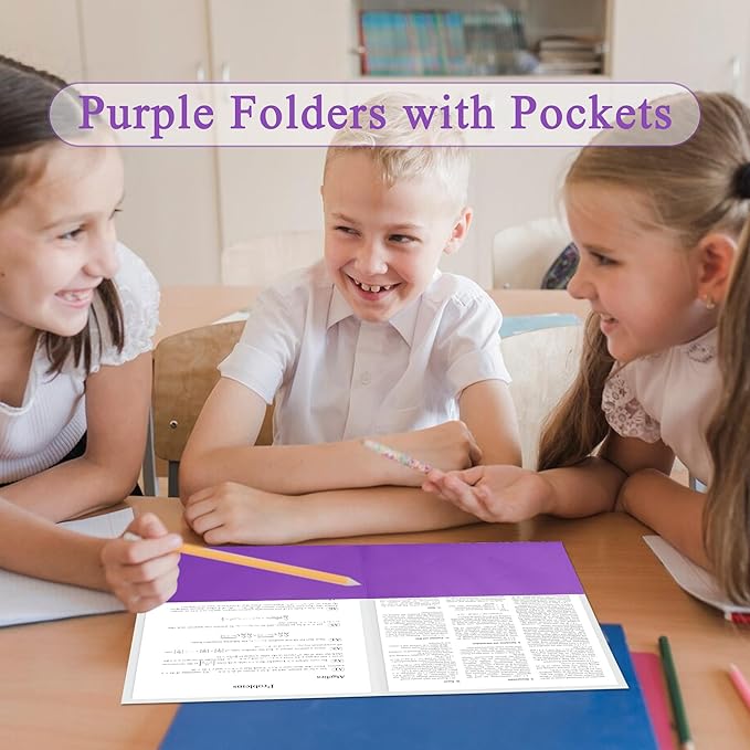 Zzrywuty 50 Packs Paper Folders with Pockets for Students,Businessmen and Office Workers,Letter Size,Two Pocket Folders with Card Slot for Office,Business,School Supplies (Purple)