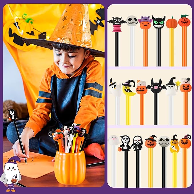 SANNIX 20pcs Halloween Cartoon Pens, Novelty Pumpkin Ghost Skull Bat Gel Ink RollerBall Pens for Halloween Birthday Party Favors Kids Gift School Home Supplies