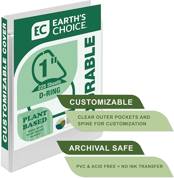 Samsill Earth's Choice, 1" Durable D-Ring View Binder, USDA Certified Biobased, Eco-Friendly, White, 2 Pack