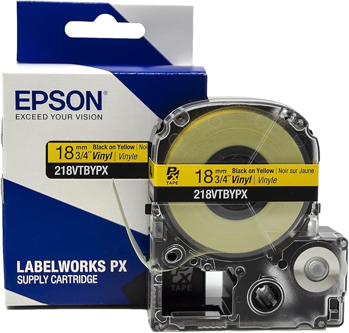 Epson LABELWORKS 218VTBYPX Genuine Tape Cartridge - Black on Yellow Flexible and Durable Vinyl Industrial Label Maker Tape - 3/4" (18MM) Wide, 22.9 ft