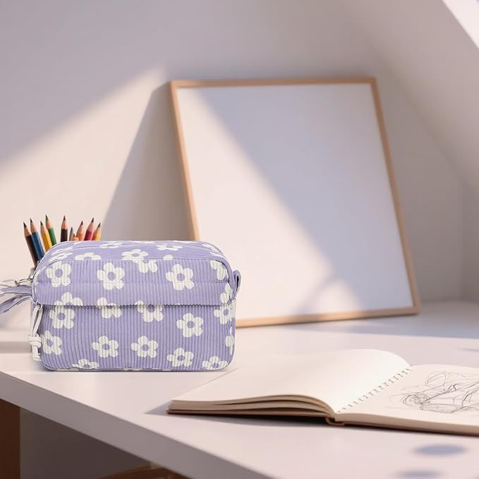 Bluboon Big Capacity Pencil Case Pencil Pouch Pen Case School Supplies Cute Pencil Box Pencil Bag for Teen Girls Boys Women Man (Beige Flower Purple)