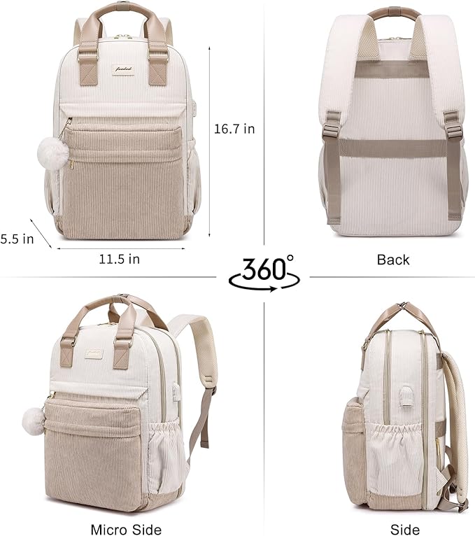 School Backpack for Girls Laptop Bookbag: Casual Corduroy Women Backpacks with USB Charging Port TSA Friendly Travel Back Pack with Anti-Theft Pocket Cute College Daypack for Teen Students Khaki Beige