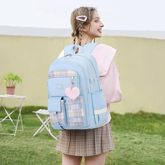 3PCS Student Backpack For School Women College Middle High Teen Girls Bookbag Waterproof Laptop Bag Plaid Blue