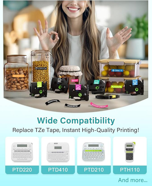 Colorty Replacement for Brother P-Touch Label Maker Tape TZe 12mm 0.47 Ribbon Laminated TZ Colored Refills Compatible with Brother P Touch PT-D210 D220 H110 1000 1280 D400 Cube, 1/2" x 26.2', 6 Pack