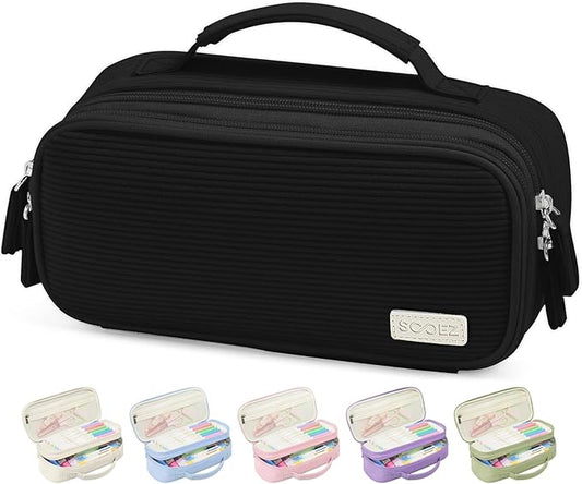 Sooez Large Pencil Case Pouch, Soft Corduroy Pencil Bag with Handle, Cute Pen Case, 5 Compartments, Wide Opening Pen Pouch Organizer with Zipper, Aesthetic School Supplies for Girls Women, Black