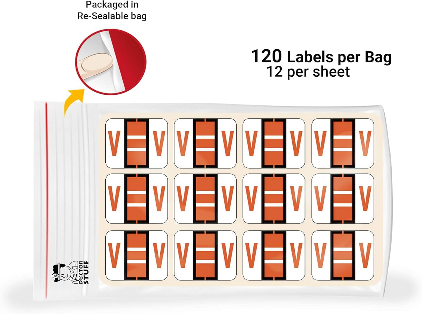 Doctor Stuff - File Folder Labels, Alphabet Letter V Stickers, Compatible with Smead BCCR/BCCS - TPAM Series Alpha Stickers Orange, 1" x 1-1/4", 120 Labels per Package