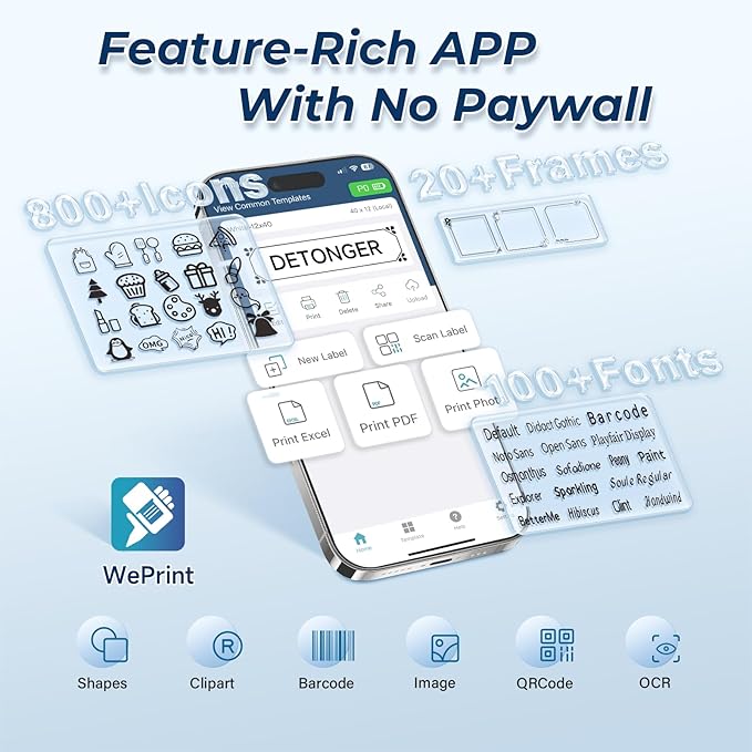 Label Maker Machine with Tape P0 Rechargeable Bluetooth Mini Label Printer Portable Small Thermal Labeling Machine Easy to Use for Home Office School Organization Battery Included White