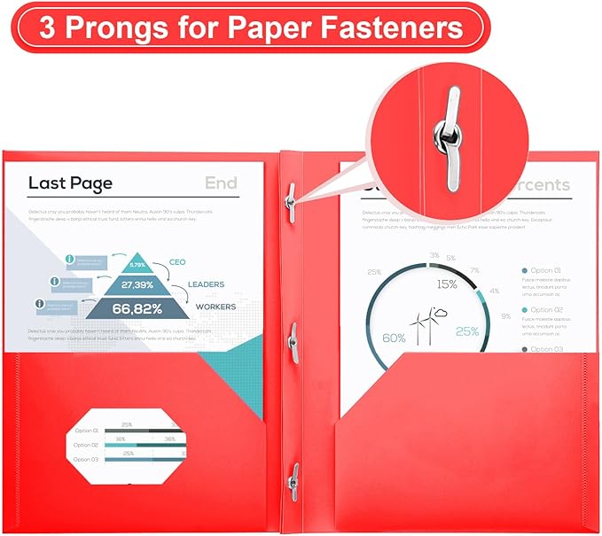 SUIN Plastic Project-Folders with 2 Pockets & 3 Prong, Bulk Pack Project File-Folder for US Letter Size Papers, Ideal for School & Office, Assorted Pastel Colors (Red)