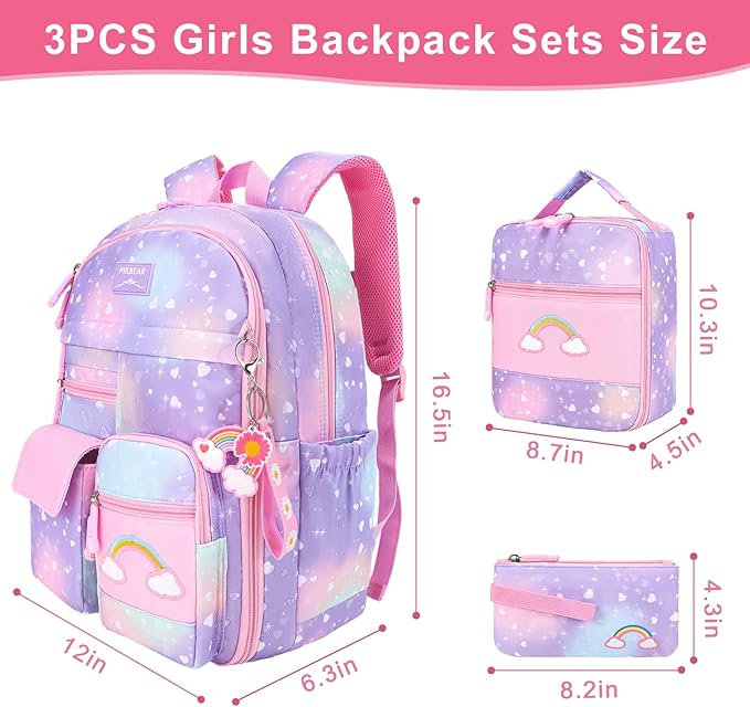 Girls Backpack Set 3 IN 1,Cute Rainbow Kids Backpack with Insulated Lunch Box Pen Case Set Student School Bag (Purple-3 piece set)