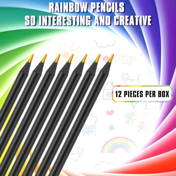 TINNIVI Art Supplies for Kids and Adults, 7 Color in 1 Black Wooden Rainbow Colored Pencils Pre-sharpened, with Sharpener, for Coloring Books, Easter Basket Stuffers, Drawing, Sketching (12pcs)
